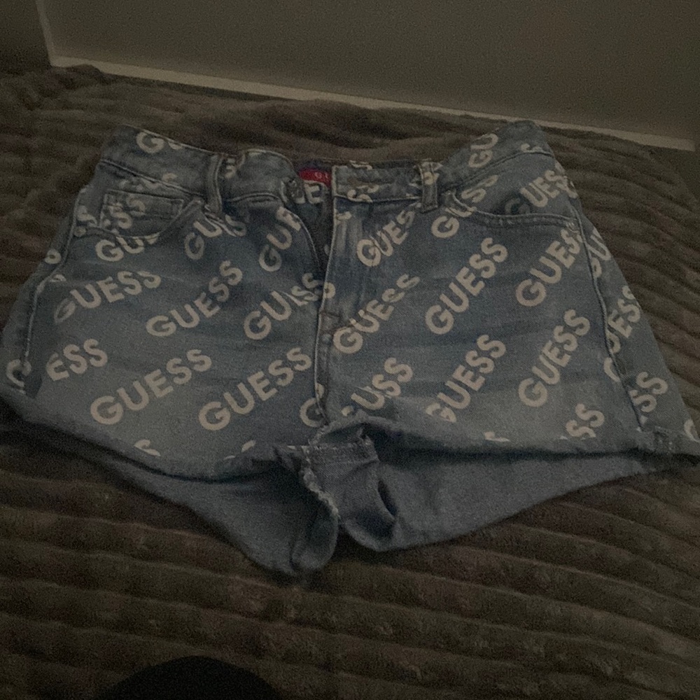 Guess Quinn Allover Logo Print Denim Shorts